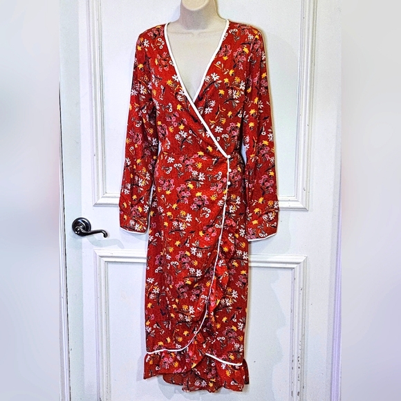 Free People Covent Garden Red Combo Wrap Midi Ruffle Dress,Size 10,NWT - Picture 12 of 16
